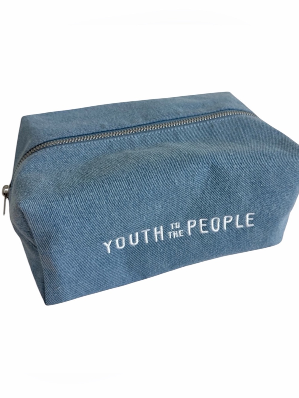 Youth to The People blue denim cosmetic makeup bag